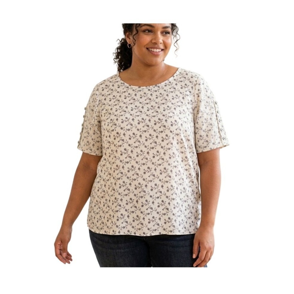 LOFT Plus Ditsy Floral Print Blouse Ivory Brown Pink Flowy Knit 18